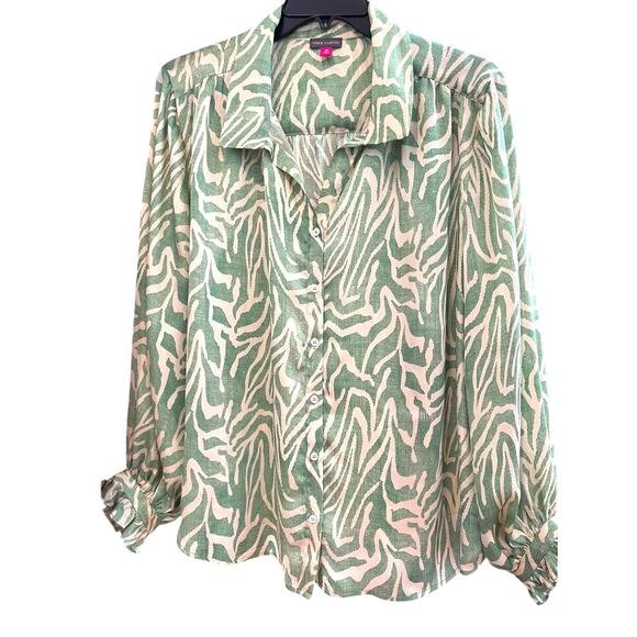 Vince Camuto Abstract Zebra Print Blouse Ruffle Top | Plus 3X, Green Cream NEW - Picture 14 of 14